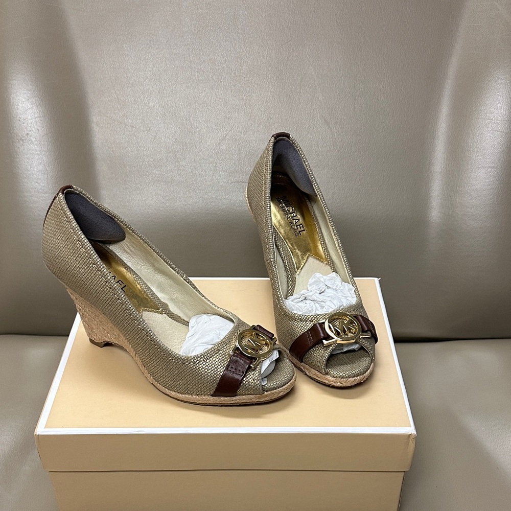 Michael Kors Gold and Brown Peep-Toe Wedges